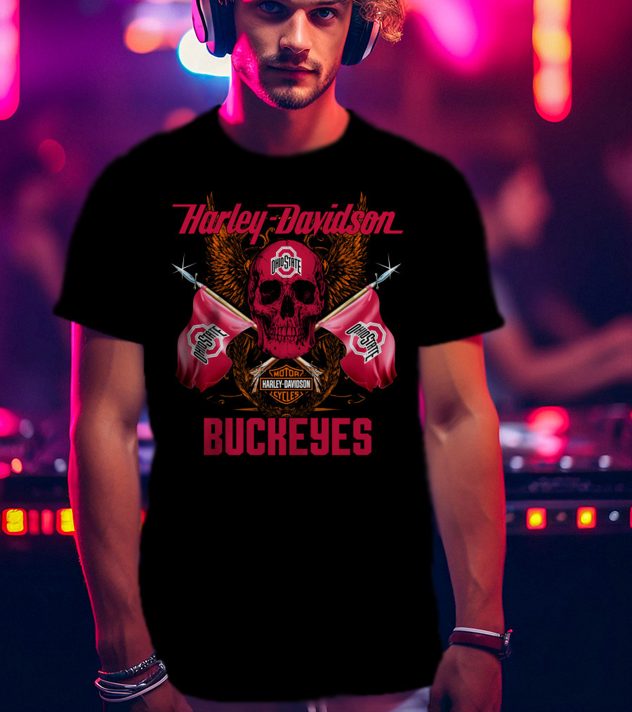 Harley Davidson Ohio State Buckeyes Skull Flag Fan T-Shirt