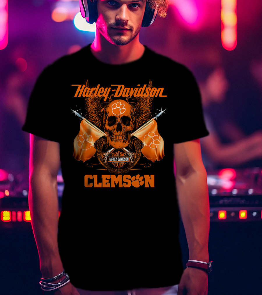 Harley Davidson Clemson Skull With Orange Flags And Paw Print T-Shirt