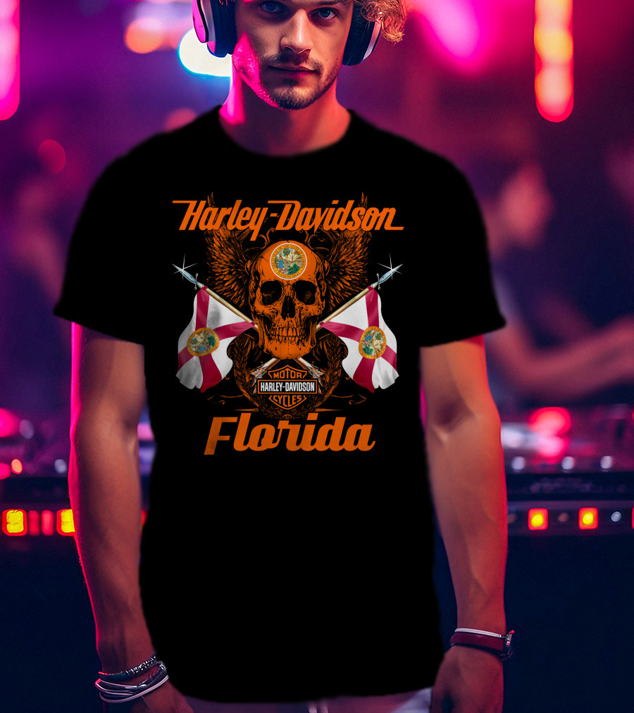 Harley Davidson Florida Skull With Flags And Logo Motif T-Shirt