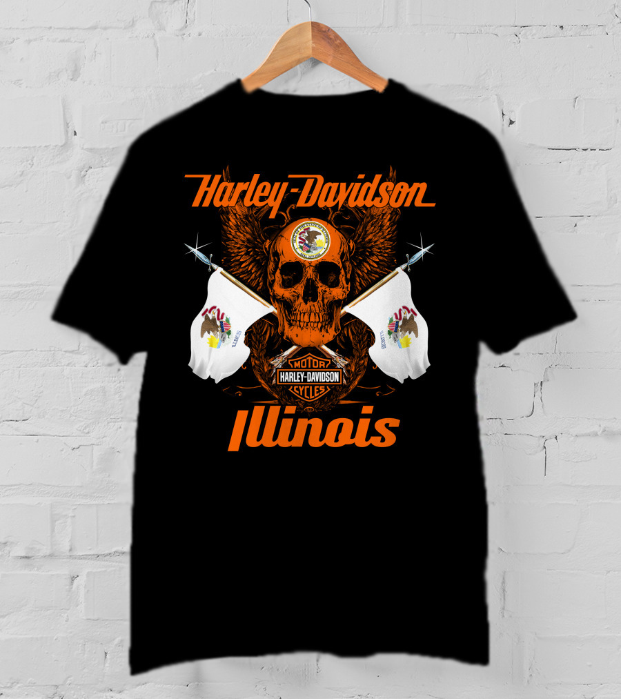Harley Davidson Cycles Illinois Skull Wings Flags Motorcycles T-Shirt