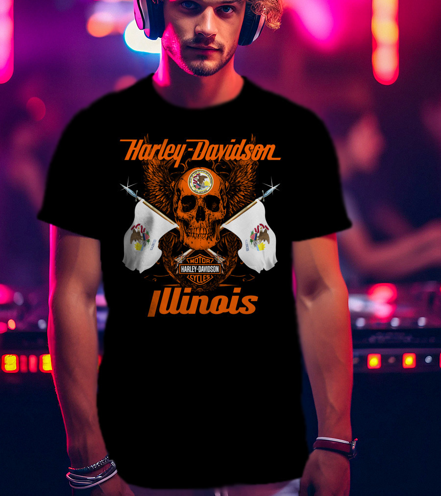 Harley Davidson Cycles Illinois Skull Wings Flags Motorcycles T-Shirt