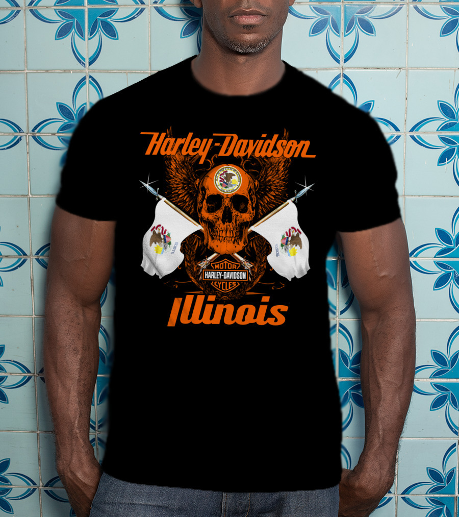 Harley Davidson Cycles Illinois Skull Wings Flags Motorcycles T-Shirt