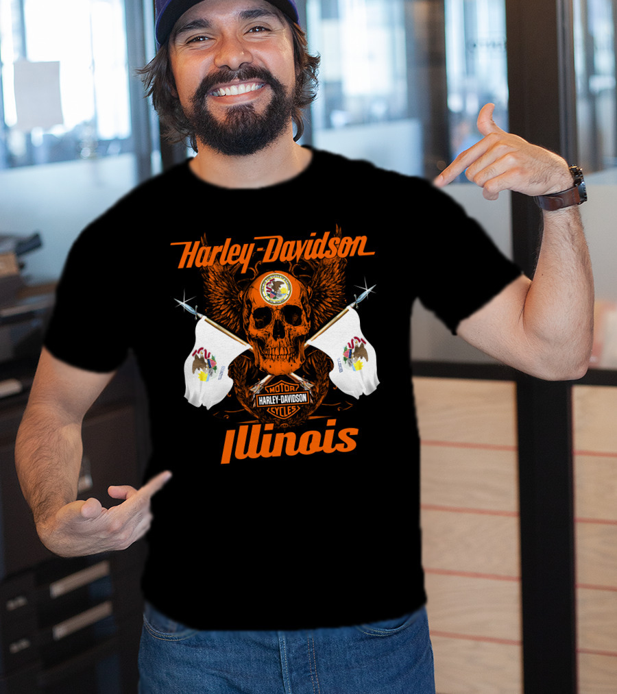 Harley Davidson Cycles Illinois Skull Wings Flags Motorcycles T-Shirt