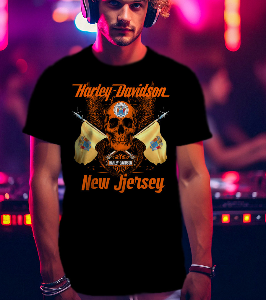 Harley Davidson New Jersey Skull Flags Motorcycle Cycles T-Shirt