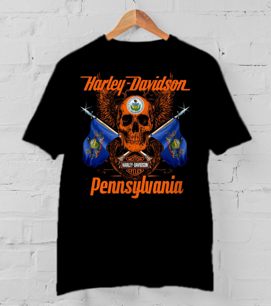 Harley Davidson Pennsylvania Skull With Flags And Wings T-Shirt
