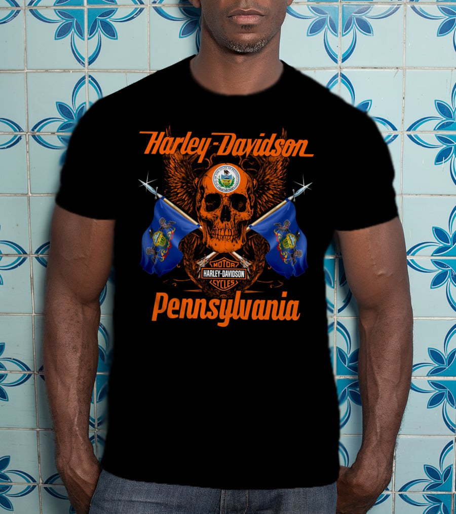 Harley Davidson Pennsylvania Skull With Flags And Wings T-Shirt
