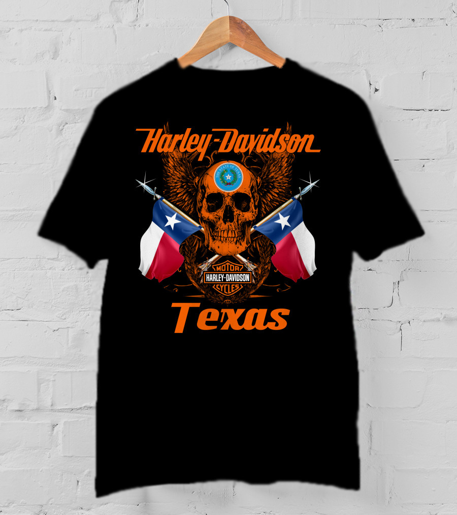 Harley Davidson Texas Skull And Crossed Flags With State Seal And Cycles T-Shirt