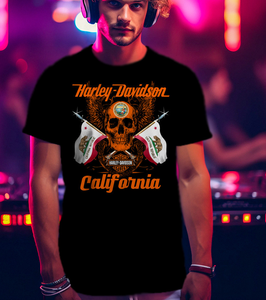 Harley Davidson California Republic Skull And Flags T-Shirt