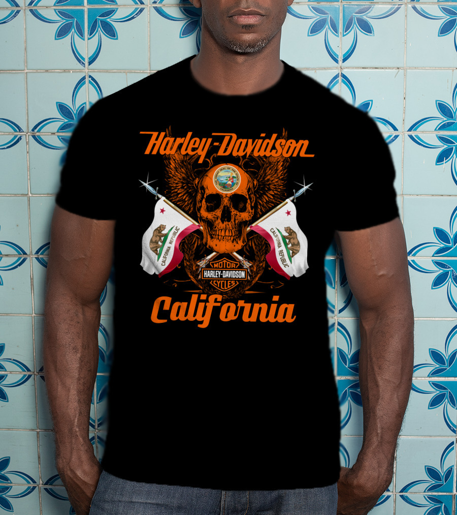 Harley Davidson California Republic Skull And Flags T-Shirt