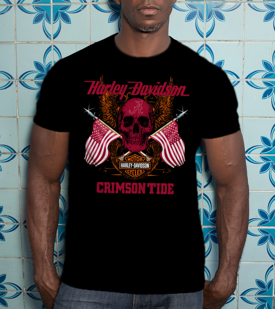 Harley Davidson Crimson Tide Skull Flags Alabama T-Shirt