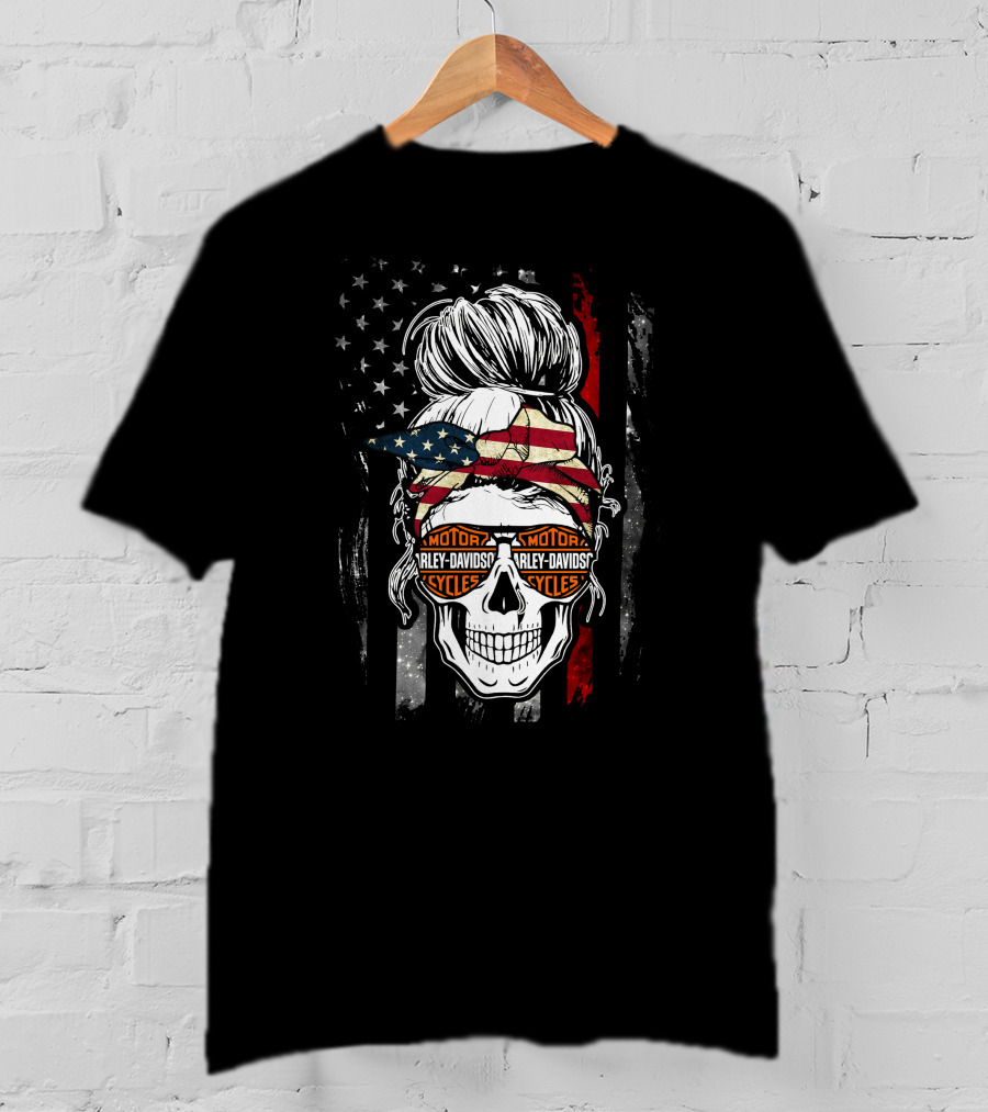 Harley Davidson Skull With American Flag Bandana And Sunglasses T-Shirt