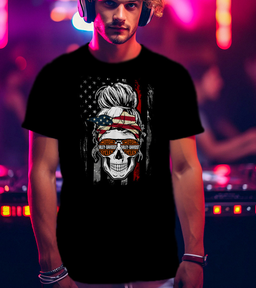 Harley Davidson Skull With American Flag Bandana And Sunglasses T-Shirt