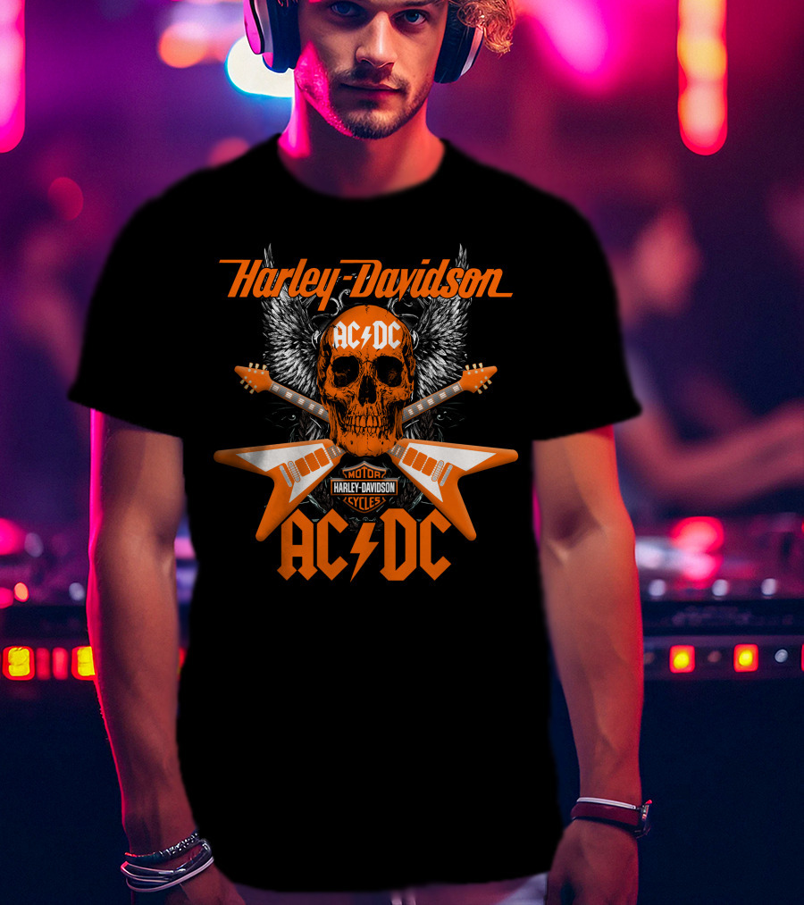 Harley Davidson Ac/Dc Skull Electric Guitar Motor Cycles T-Shirt
