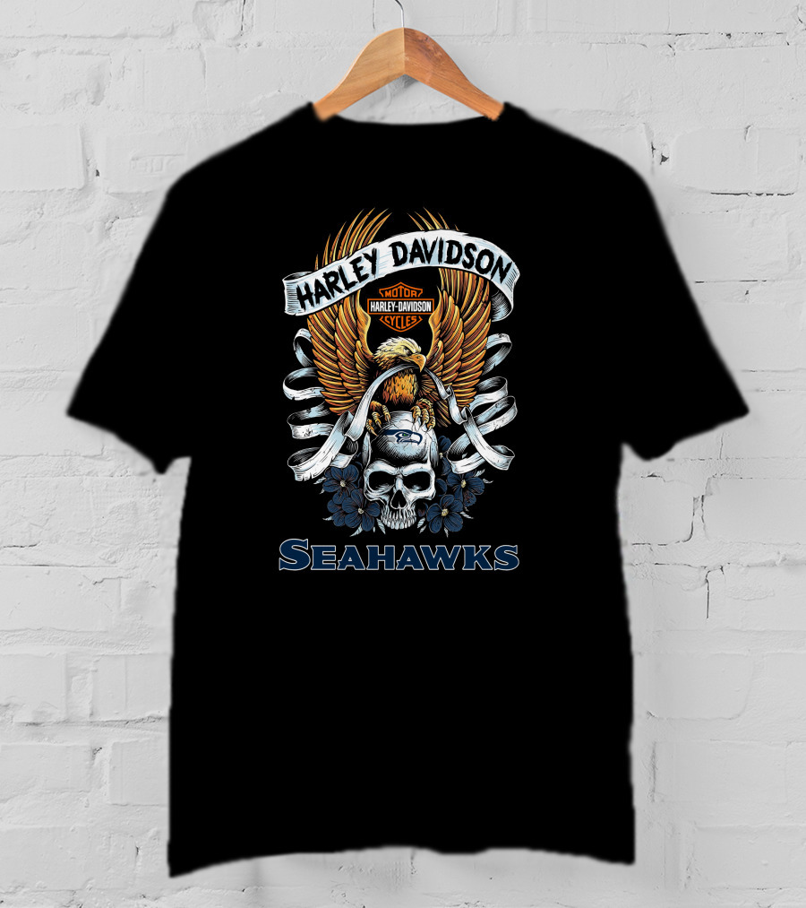 Harley Davidson Motor Cycles Skull Eagle Seattle Seahawks T-Shirt