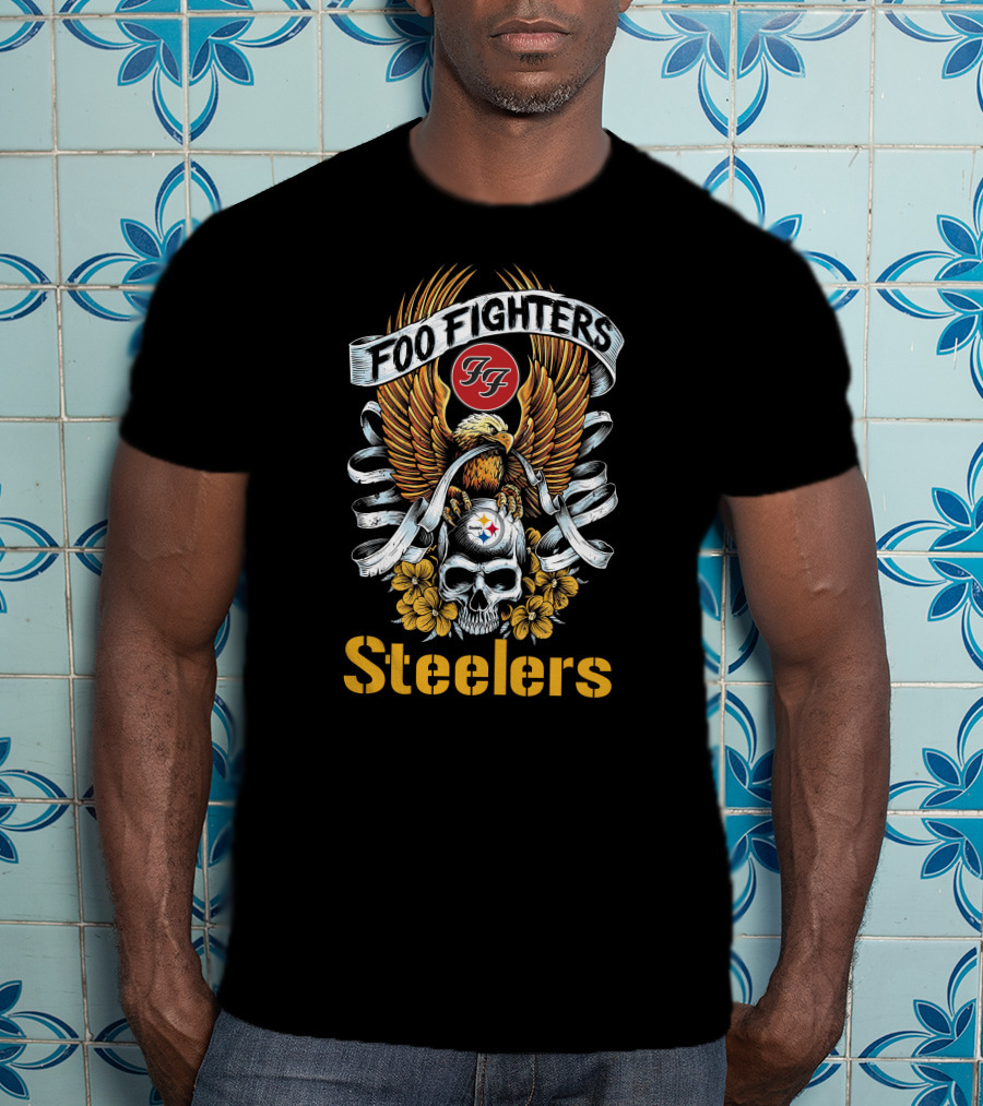 Foo Fighters Steelers FF Skull Eagle Floral Motif T-Shirt