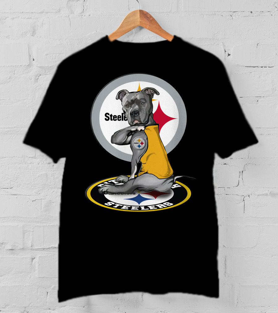 Pittsburgh Steelers Dog With Logo Tattoo And Yellow Vest T-Shirt