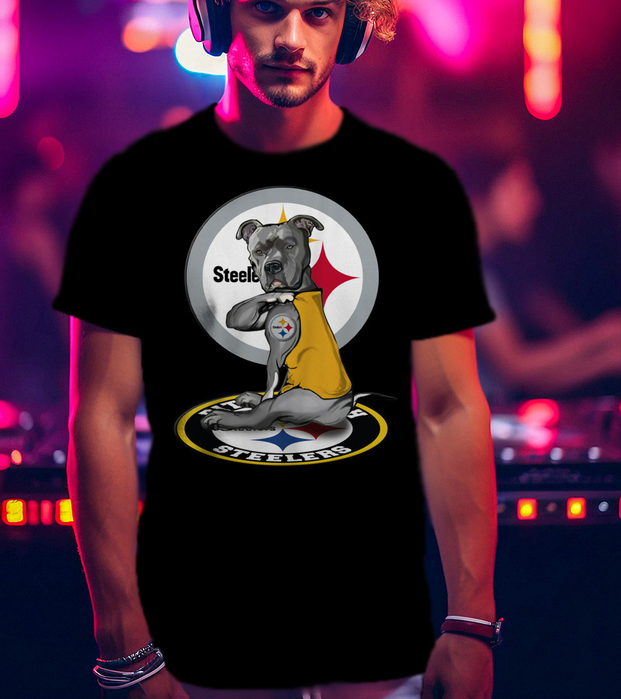 Pittsburgh Steelers Dog With Logo Tattoo And Yellow Vest T-Shirt
