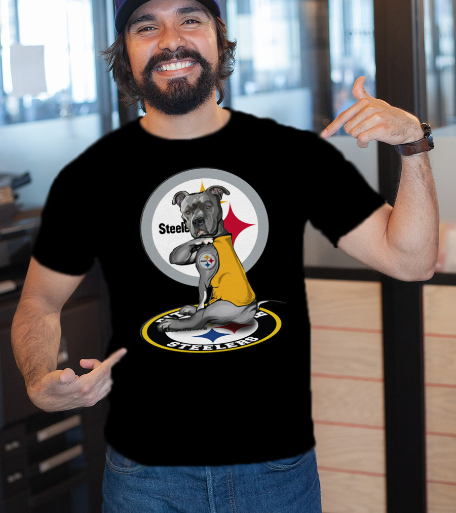 Pittsburgh Steelers Dog With Logo Tattoo And Yellow Vest T-Shirt