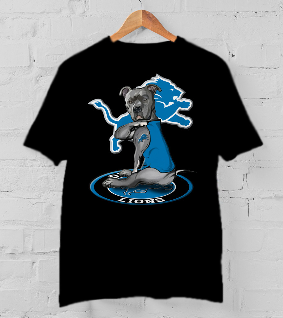 Detroit Lions Dog In Blue Jersey With Team T-Shirt