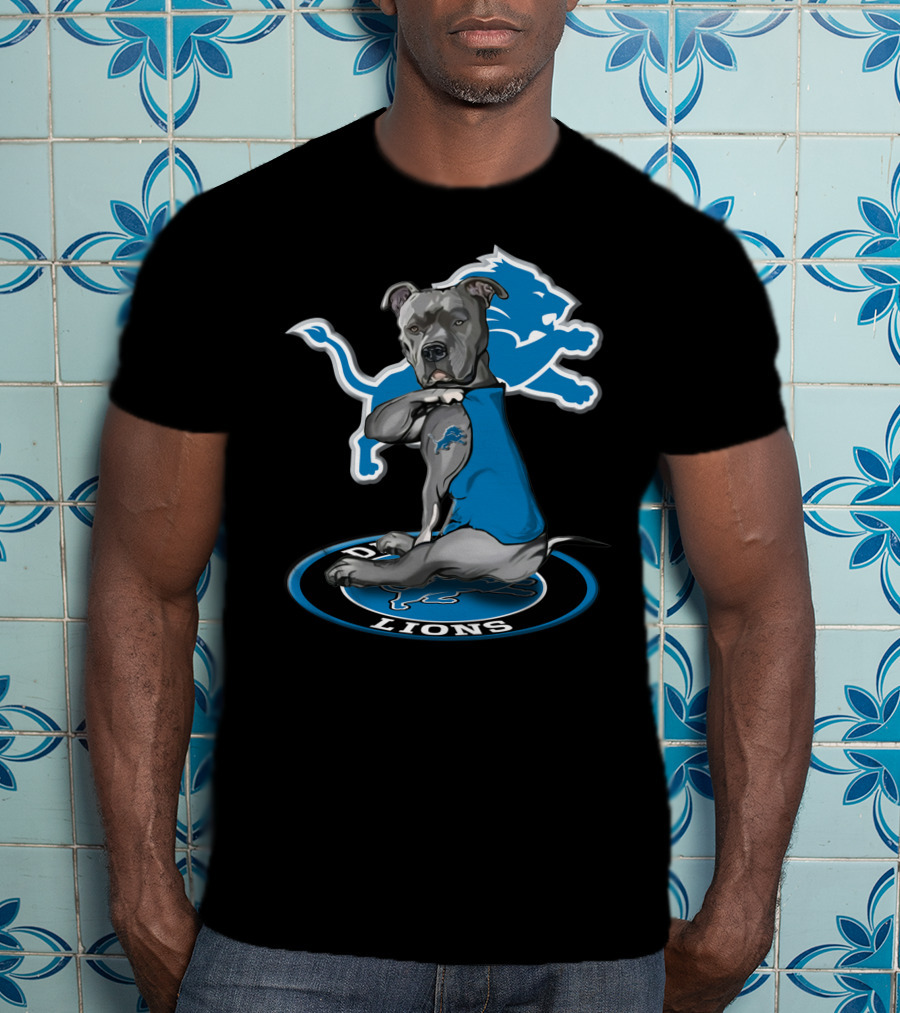 Detroit Lions Dog In Blue Jersey With Team T-Shirt