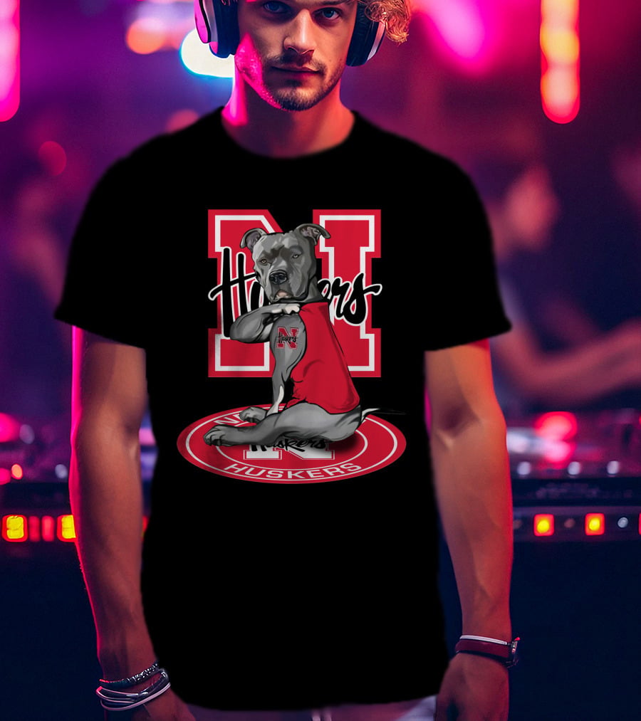 Nebraska Cornhuskers N Logo With Dog Wearing Red Husker T-Shirt