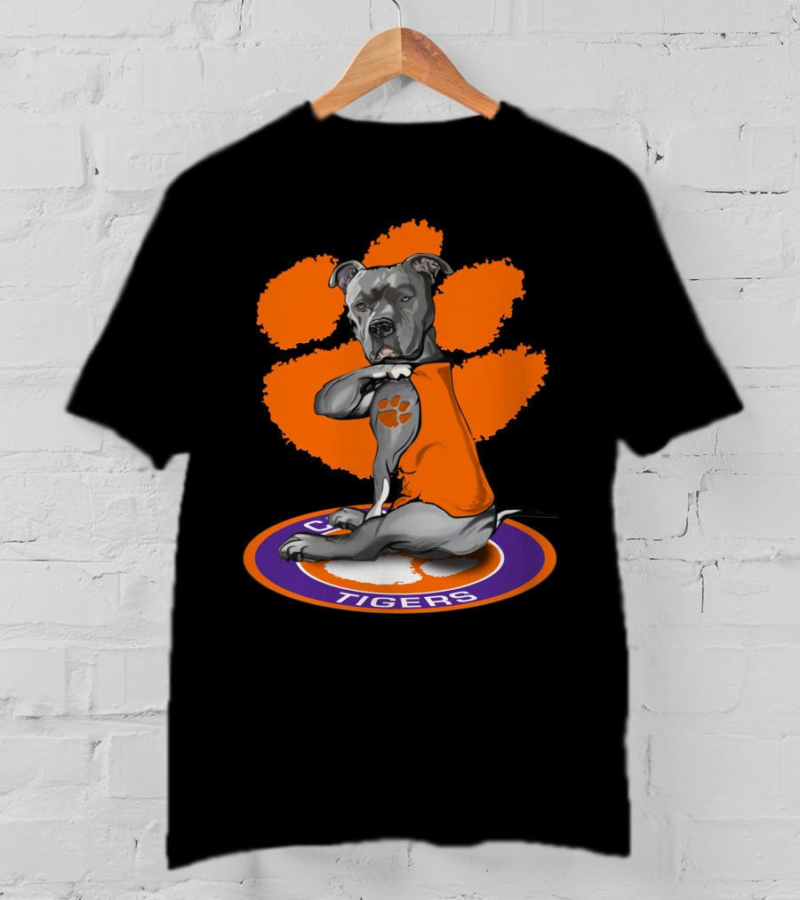 Clemson Tigers Dog With Paw Print Tattoo And Orange Vest T-Shirt
