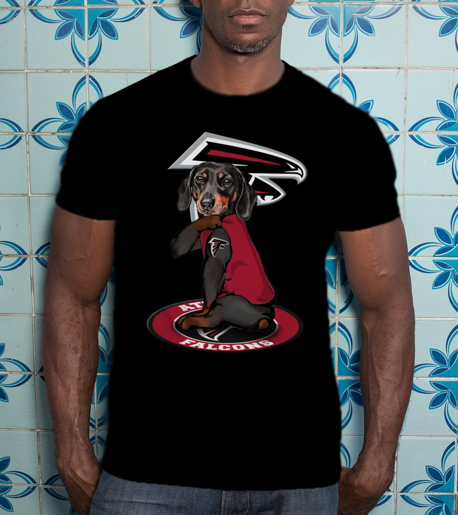 Atlanta Falcons Logo With Dachshund Wearing Team Jersey T-Shirt