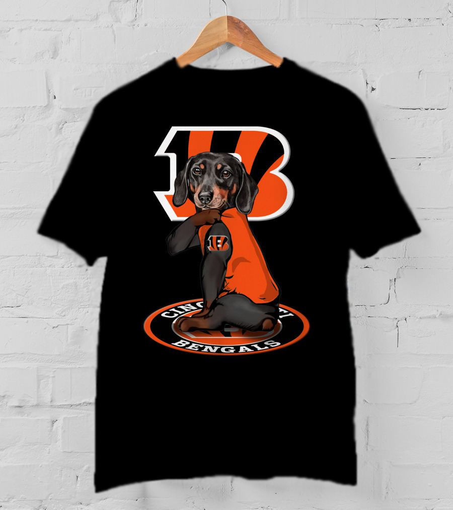 Cincinnati Bengals Dachshund In Team Jersey With Bengals T-Shirt