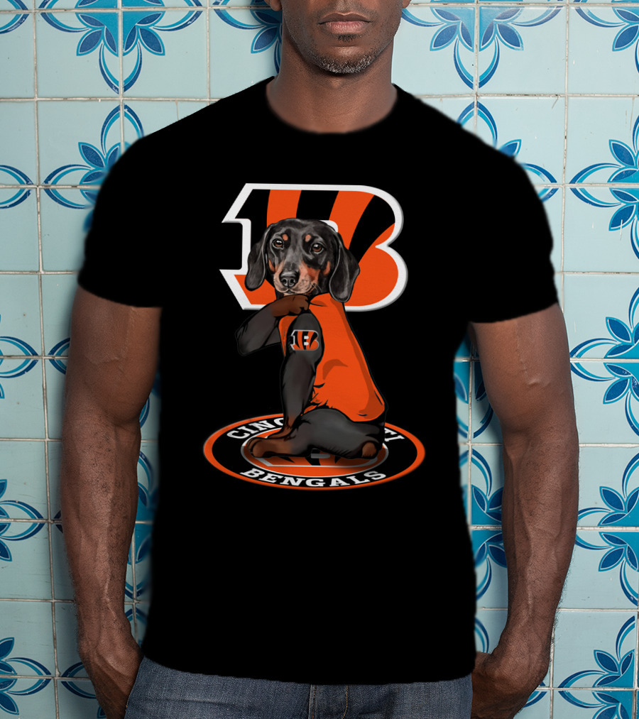 Cincinnati Bengals Dachshund In Team Jersey With Bengals T-Shirt