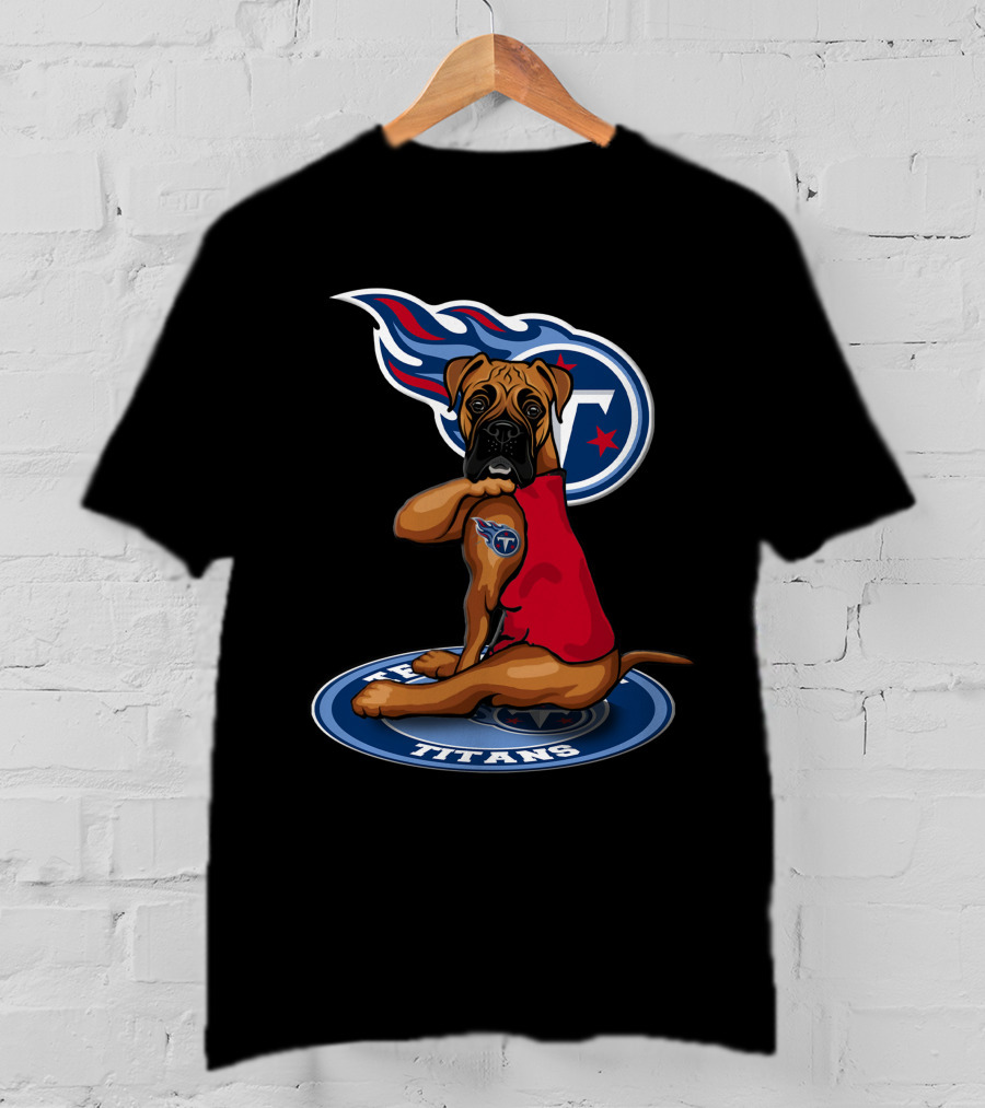 Tennessee Titans Boxer Dog With Logo And Red Jersey T-Shirt