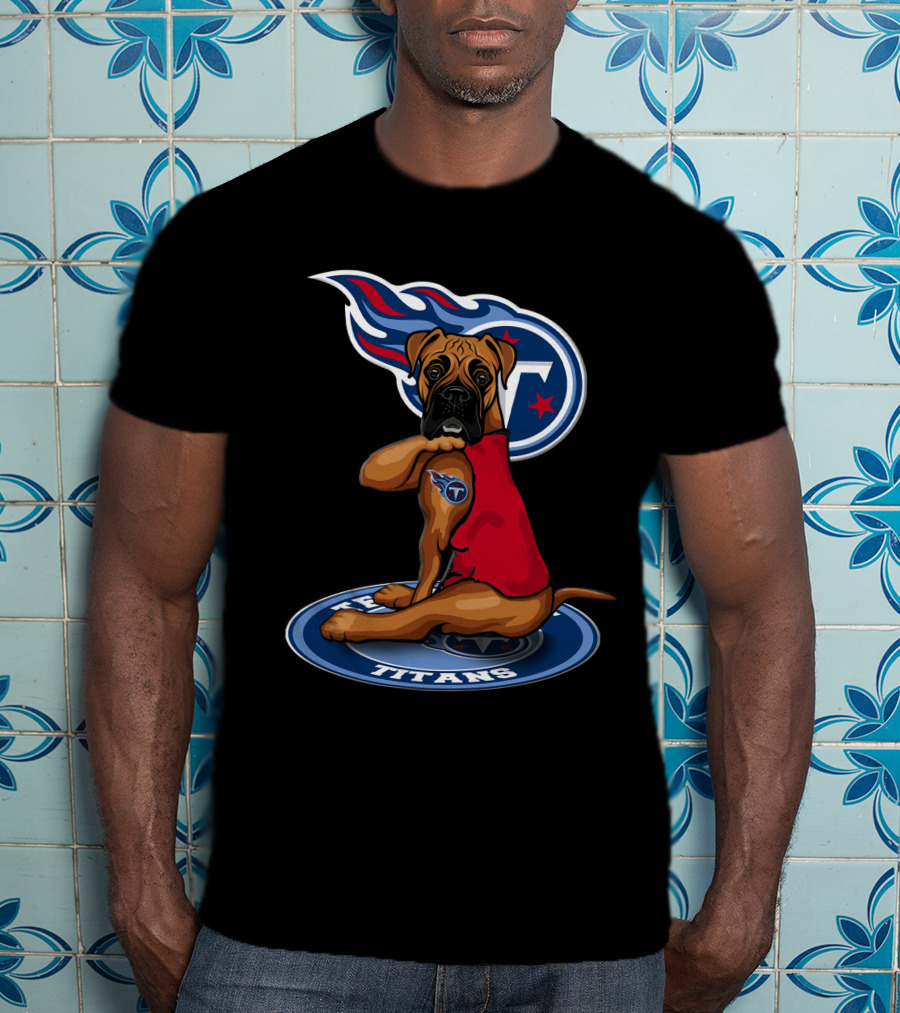 Tennessee Titans Boxer Dog With Logo And Red Jersey T-Shirt