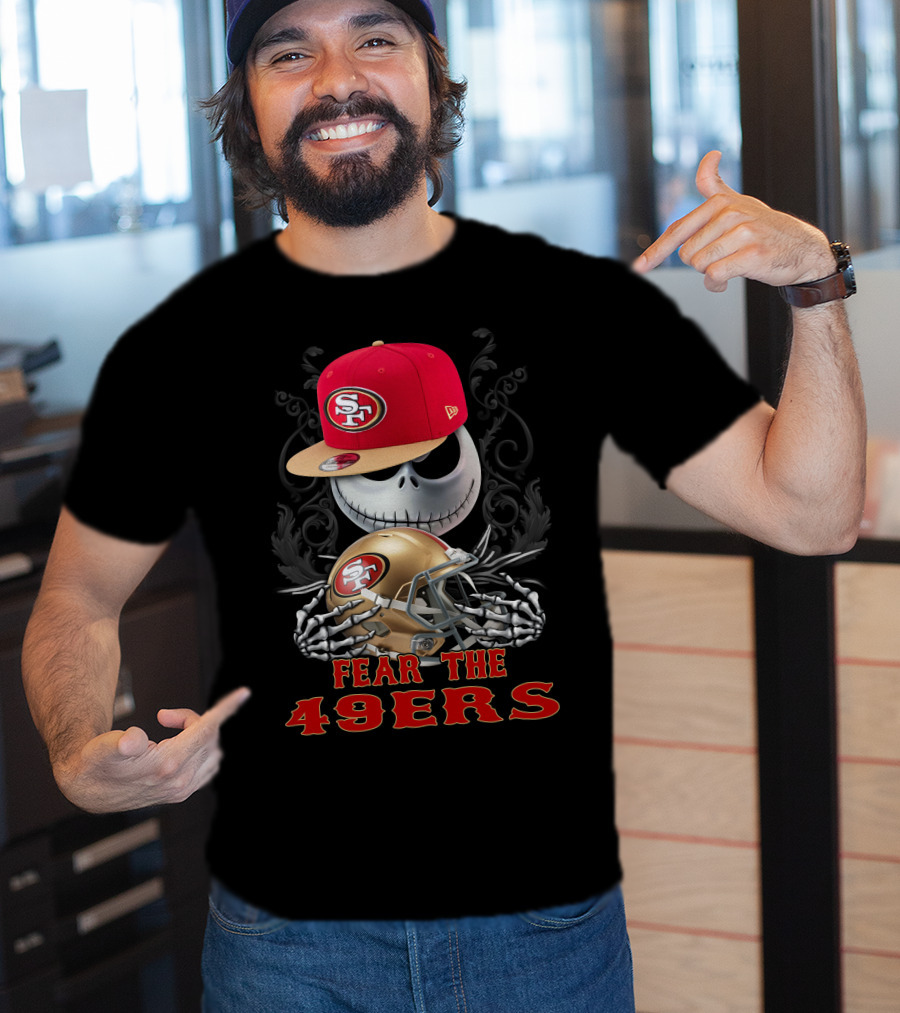 Fear The San Francisco 49ers Football Skull With Hat And Helmet T-Shirt