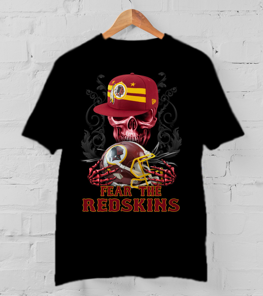 Fear The Redskins Skull With Helmet And Cap T-Shirt