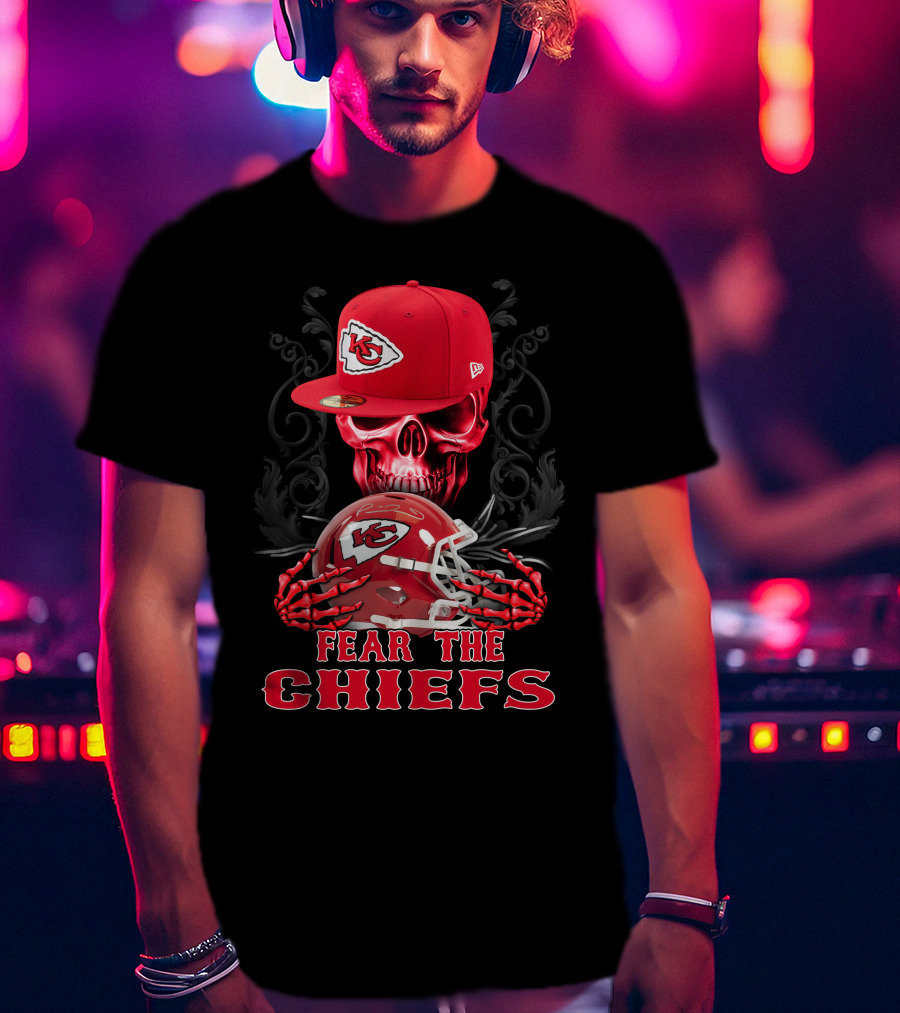 Fear The Chiefs Kansas City Chiefs Skull Helmet Cap T-Shirt
