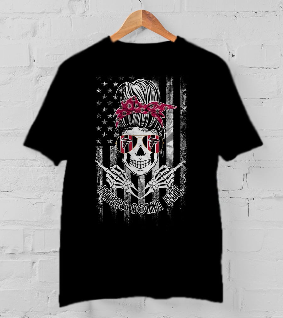 Skull Wearing Atlanta Falcons Sunglasses With American Flag And Haters Gonna Hate T-Shirt