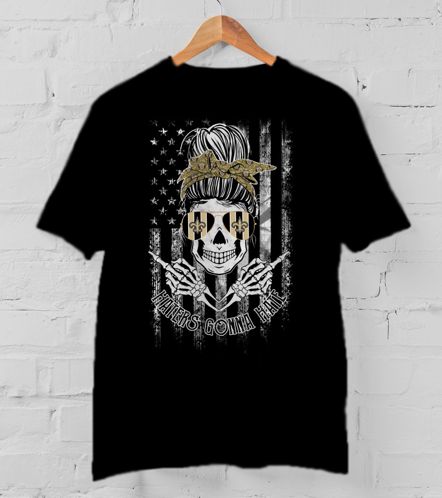 New Orleans Saints Skull Haters Gonna Hate Usa Flag Gold Bow Fleur-De-Lis Sunglasses T-Shirt