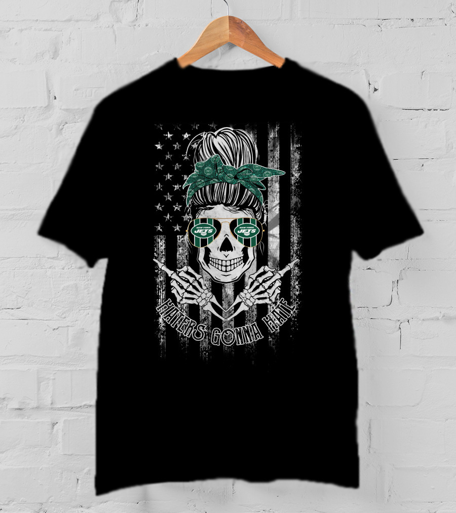 Haters Gonna Hate Skeleton With New York Jets Glasses And American Flag Bandana T-Shirt