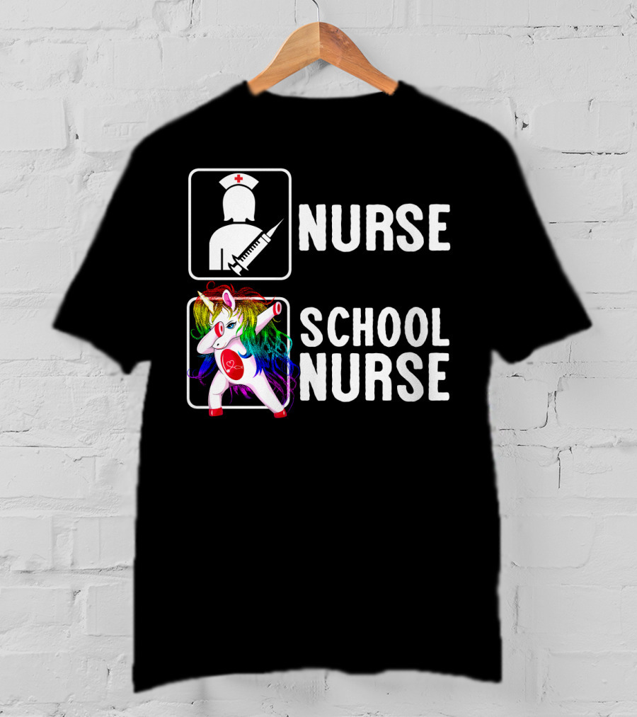 Nurse School Nurse Unicorn Rainbow Contrast T-Shirt