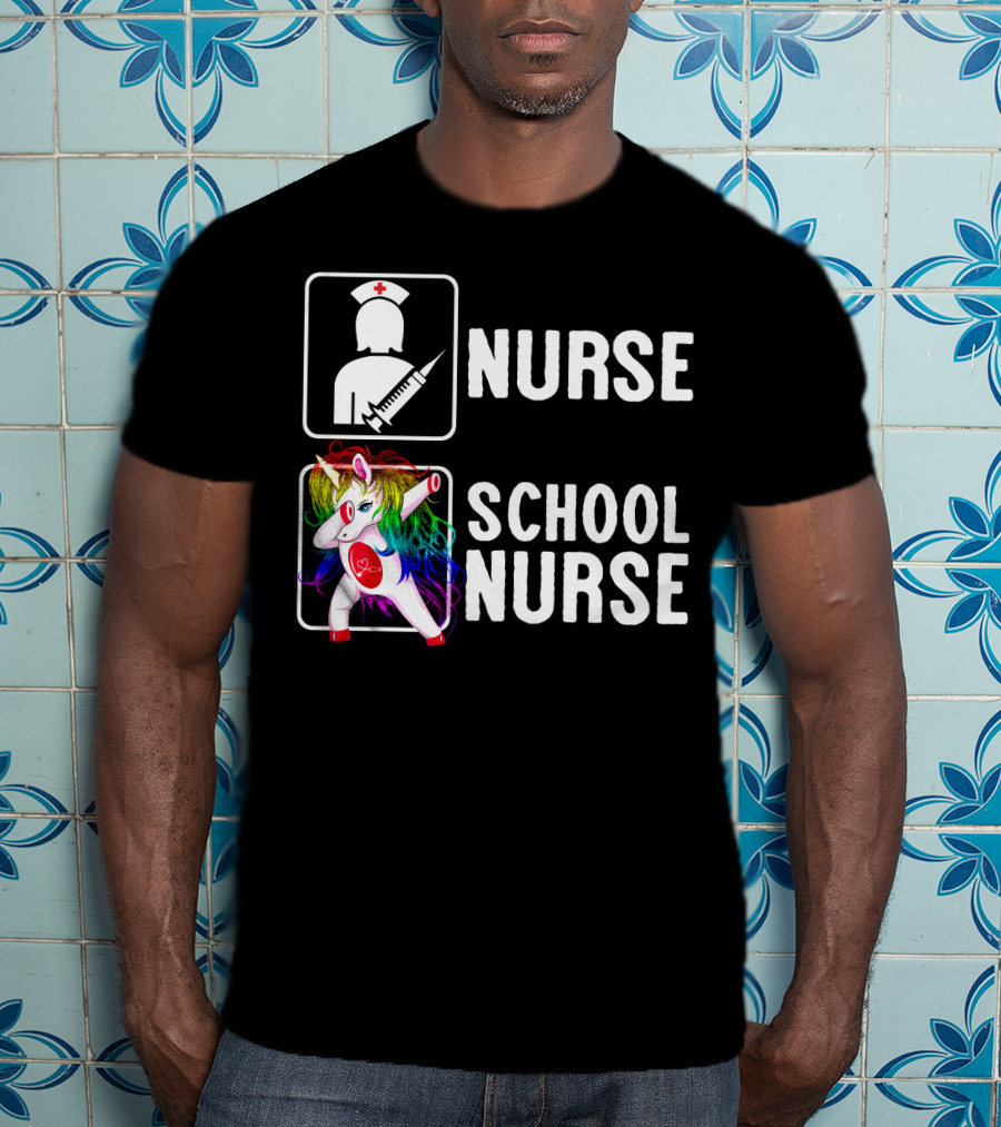 Nurse School Nurse Unicorn Rainbow Contrast T-Shirt