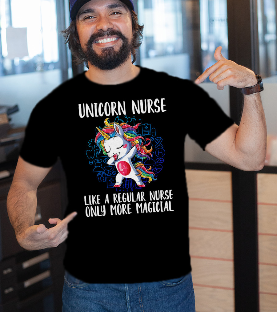 Unicorn Nurse Like A Regular Nurse Only More Magical With Colorful Rainbow Hair And Medical Symbols T-Shirt
