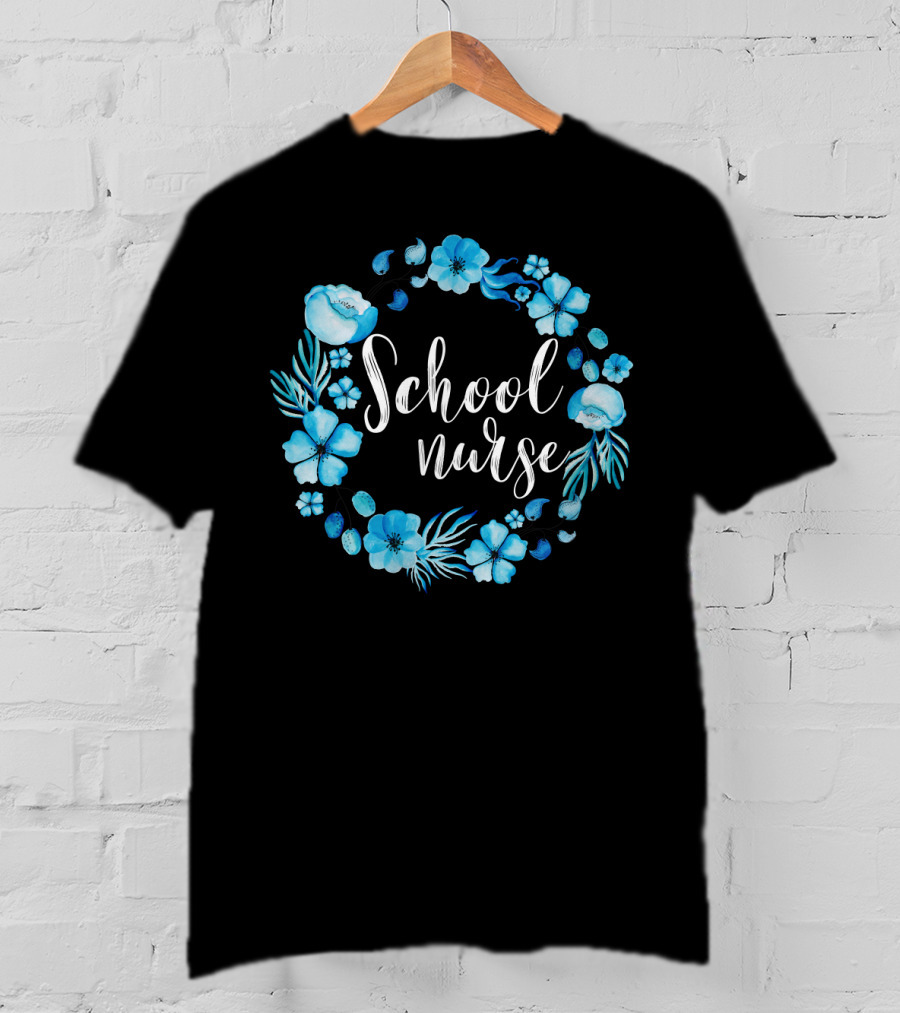 School Nurse Blue Floral Circle T-Shirt