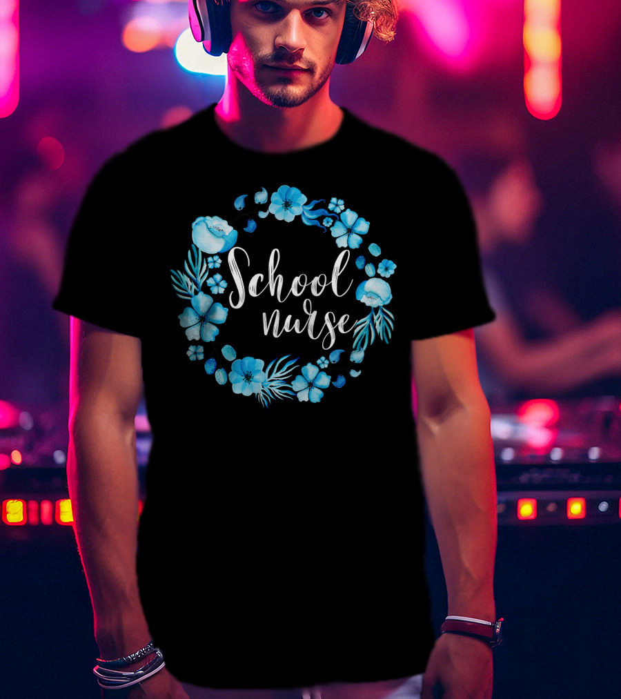 School Nurse Blue Floral Circle T-Shirt