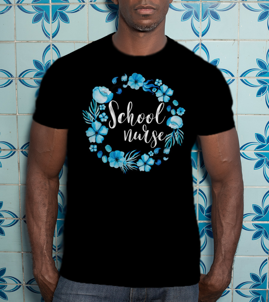 School Nurse Blue Floral Circle T-Shirt