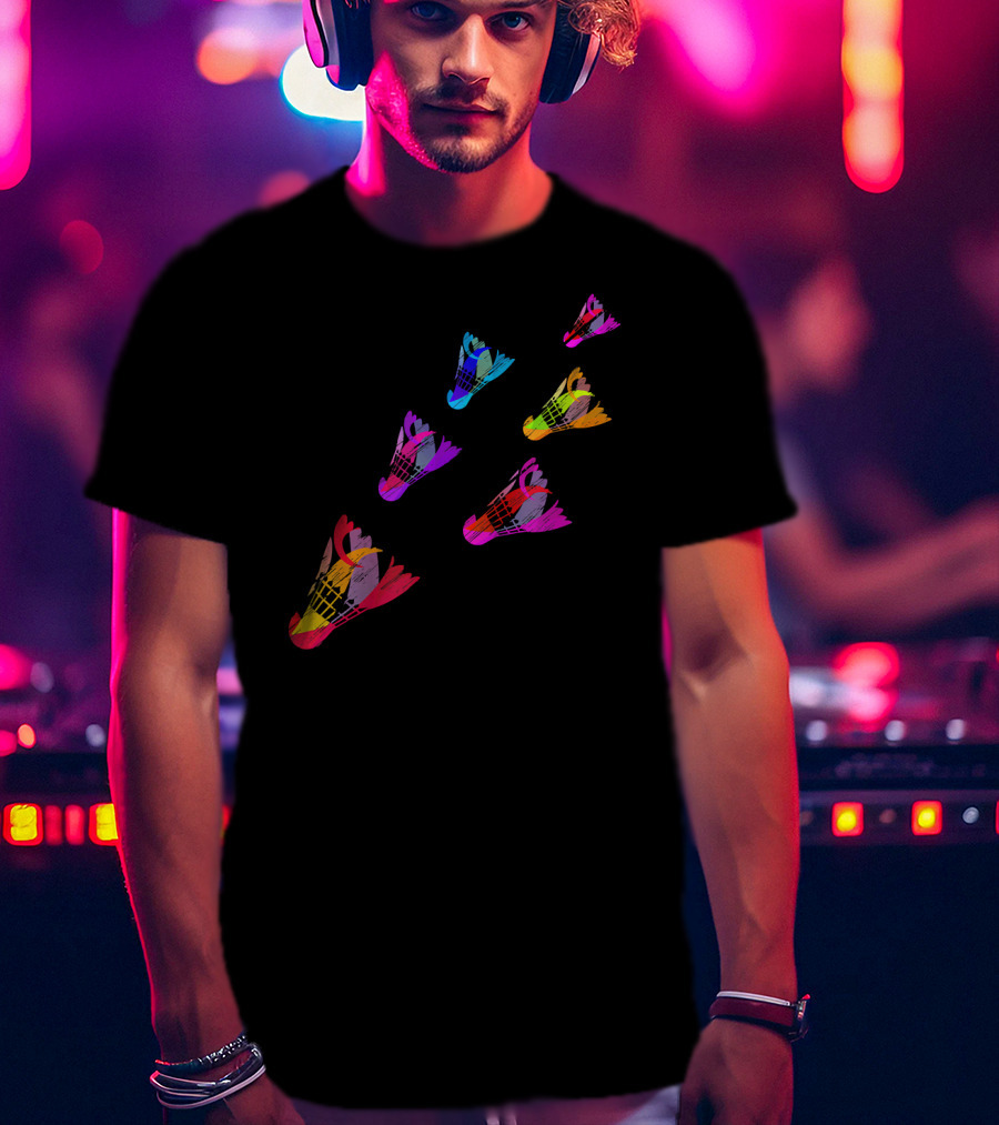 Colorful Sports Shuttlecock Illustration With Badminton Motif T-Shirt