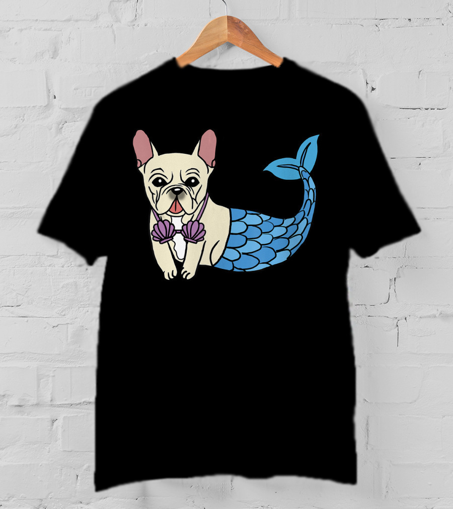 Cream French Bulldog Mermaid With Shell Bra Funny Do T-Shirt