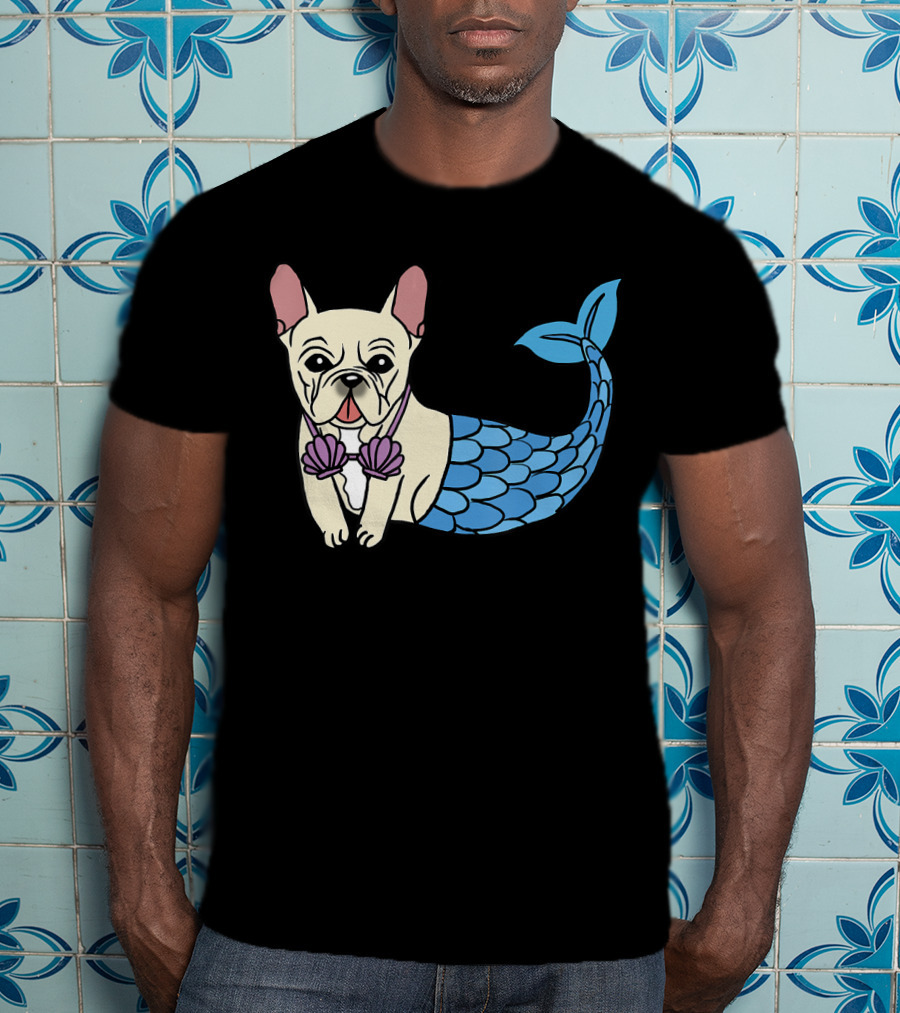Cream French Bulldog Mermaid With Shell Bra Funny Do T-Shirt