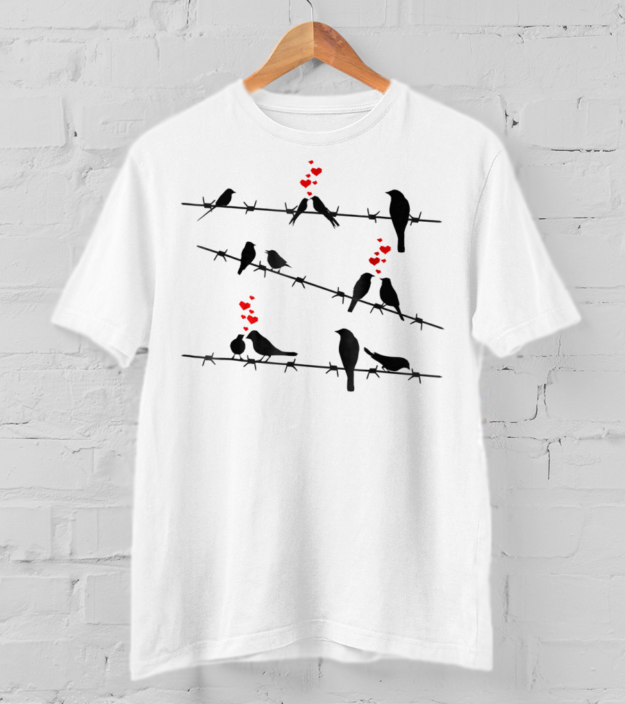 Cute Birds On A Wire Red Hearts Mens &amp T-Shirt