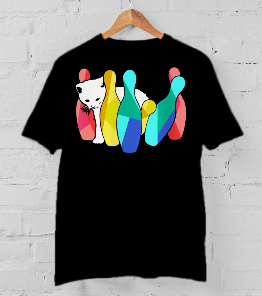 Playful Cute Cat Knocking Over Colorful Bowling Pins Kitty T-Shirt