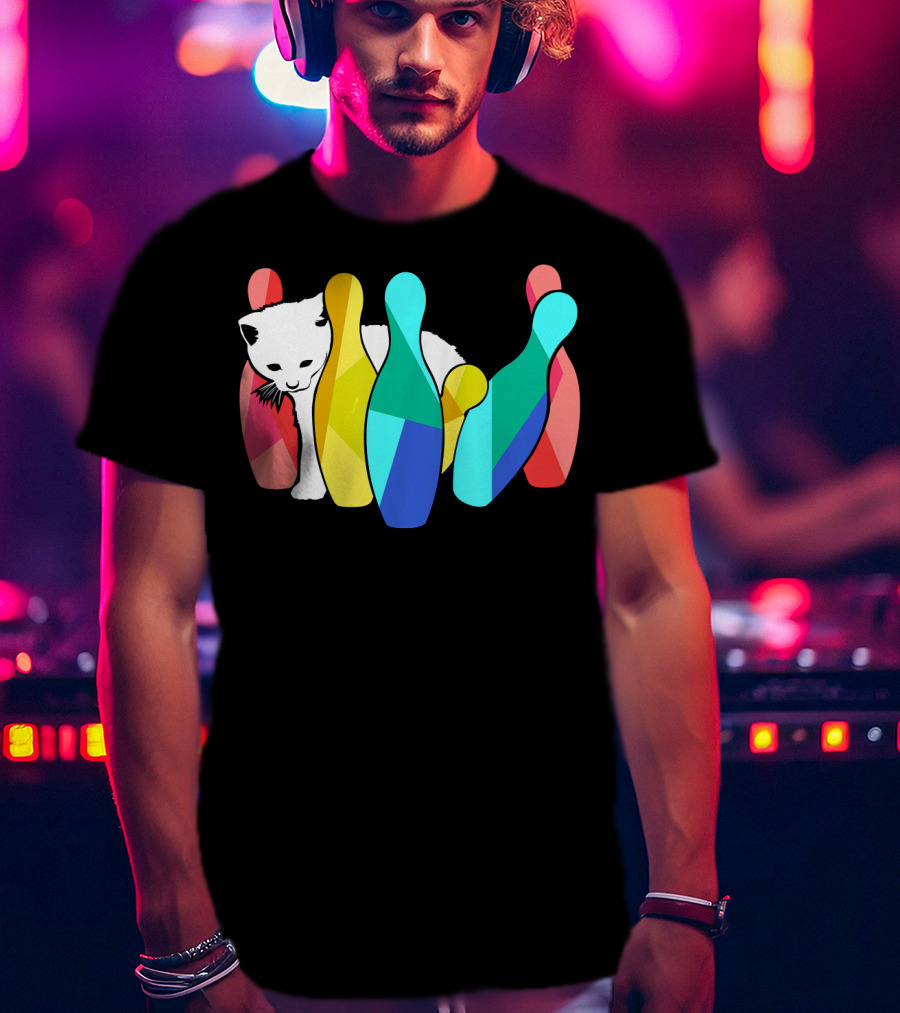 Playful Cute Cat Knocking Over Colorful Bowling Pins Kitty T-Shirt