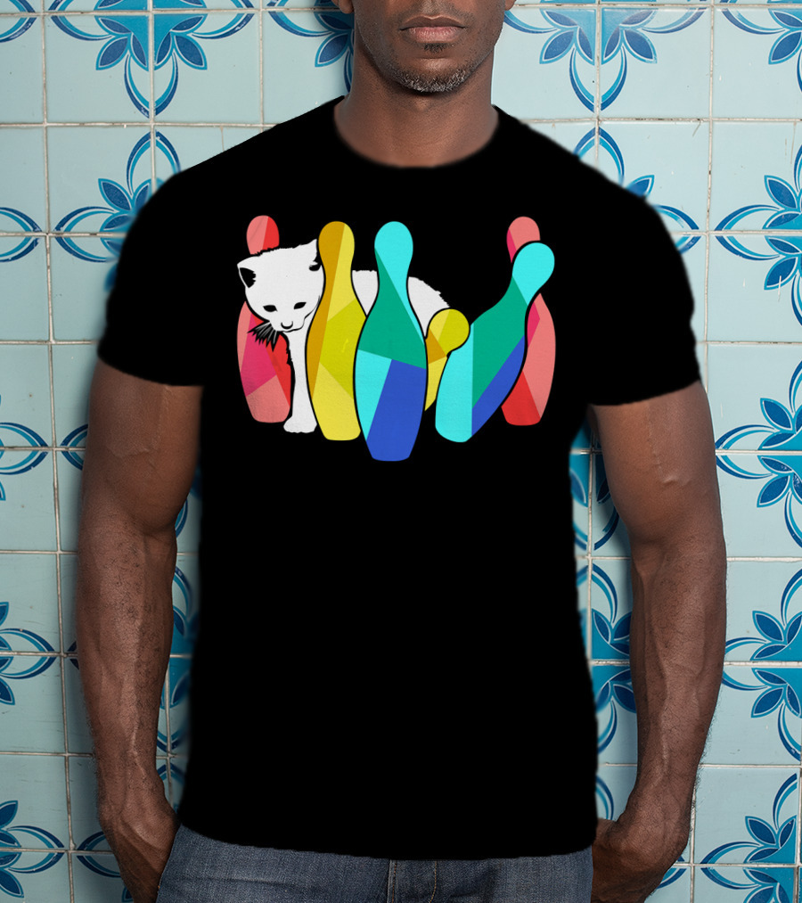 Playful Cute Cat Knocking Over Colorful Bowling Pins Kitty T-Shirt